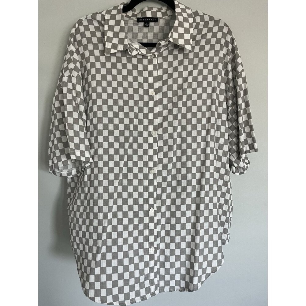 Urban outfitters Blue Blush Oversized Grey Checkered L Button Up